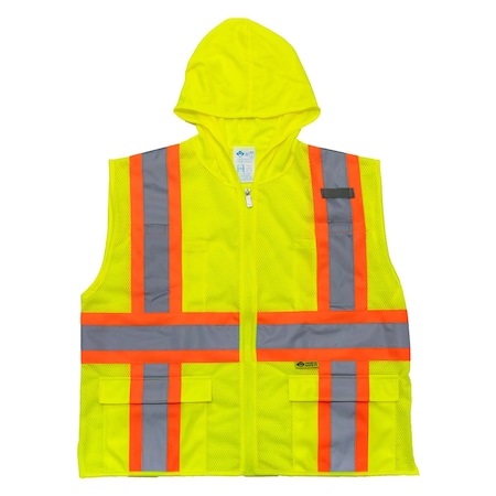 2W International Hi-Vis Hooded Safety Vest M Class 2 H Back, , Zipper 6 Pockets, 1 Mic Tab HM7048C-2